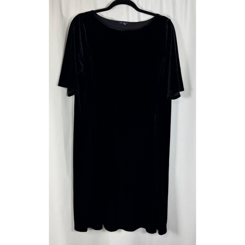 Lands' End Black Velvet‎ Half Sleeve Shift Dress Boatneck Witchy Y2K Goth XLP